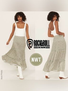 NWT Rock&Roll Denim Tiered Maxi Western Cowgirl Skirt Jade NWT (XXL)